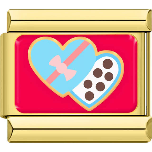 Two heart-shaped chocolate candy boxes in blue and pink on a gold Italian charm link